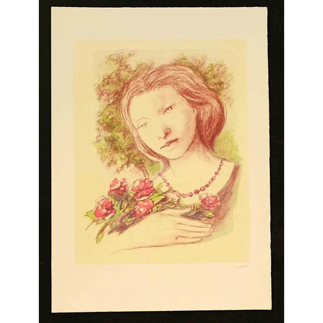 Contemporary Domenico Purificato, Ragazza con Rose, Lithograph, 1980 For Sale - Image 3 of 3