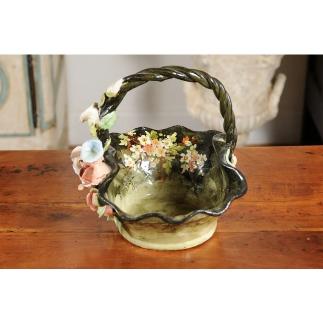 19th Century French Barbotine Jardinière Basket with High Relief Pastel Flowers For Sale In Atlanta - Image 6 of 11