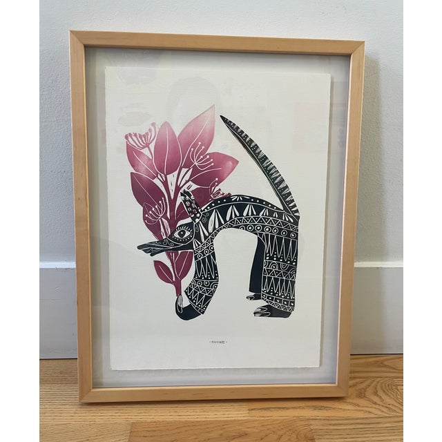 A set of four original hand-pulled linocuts by Saskia Onvlee, acquired directly from the artist's gallery in Todos Santos,...
