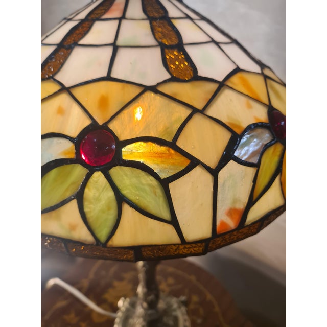 Metal Antique Rocaille Bronze Lamp with Leaded Glass Lampshade in the style of Tiffany, 1880 For Sale - Image 7 of 12