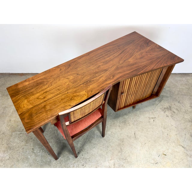 Brown Mid Century Modern Walnut Tambour Door Writing Desk & Chair Trapezoidal Top For Sale - Image 8 of 12