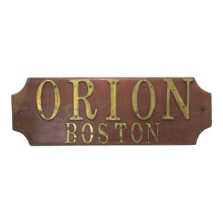 Vintage Teak Wood & Brass Boston Sailboat Name Plaque For Sale
