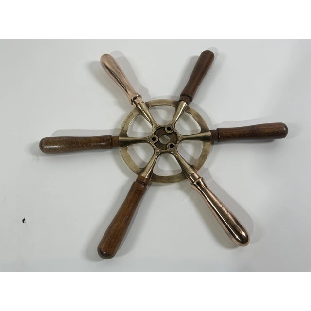 Wood Brass Ships Wheel with Wood Handles For Sale - Image 7 of 8