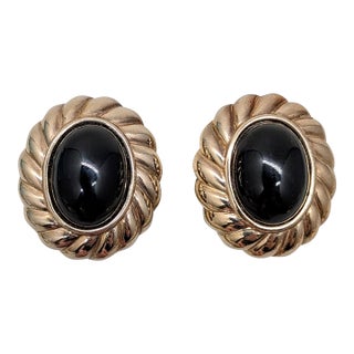 Vintage 1980s Signed Panetta Oval Goldtone Cabochon Faux-Onyx Clip Earrings-2 Pieces For Sale