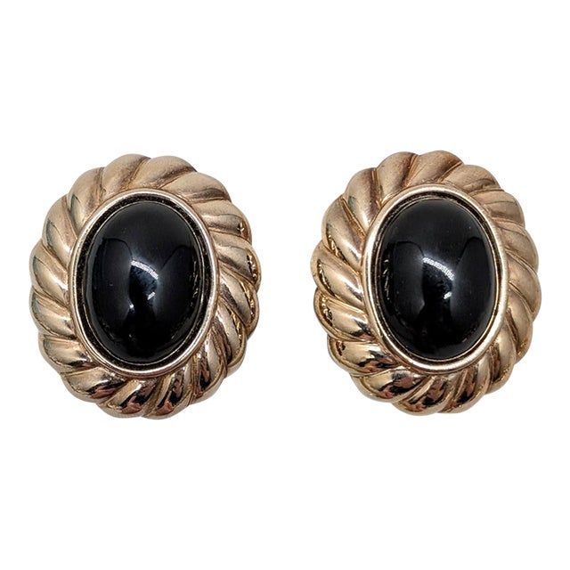 Vintage 1980s Signed Panetta Oval Goldtone Cabochon Faux-Onyx Clip Earrings-2 Pieces For Sale
