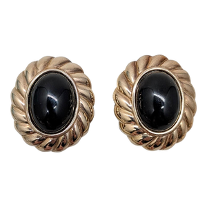 Vintage 1980s Signed Panetta Oval Goldtone Cabochon Faux-Onyx Clip Earrings-2 Pieces