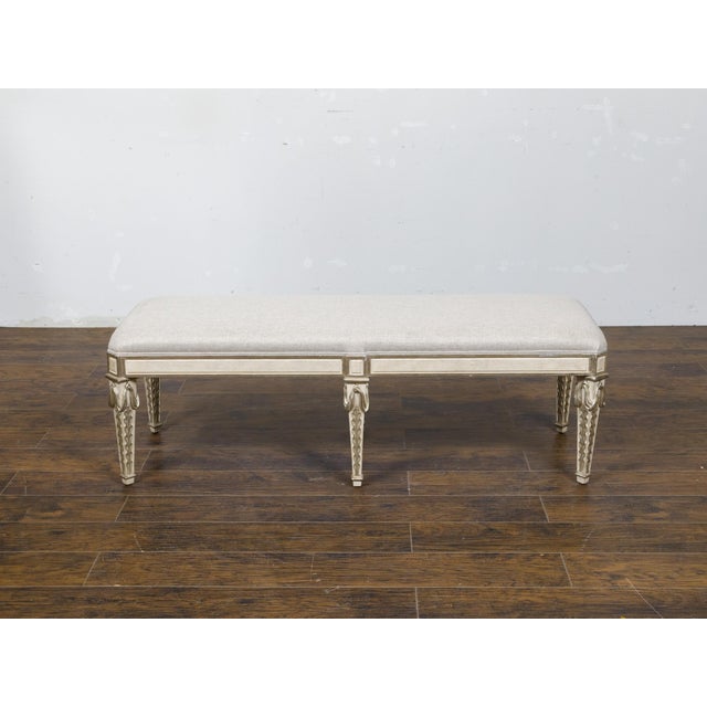 Italian Midcentury Painted Bench with Silver Foliage Carved Legs and Upholstery For Sale - Image 4 of 11