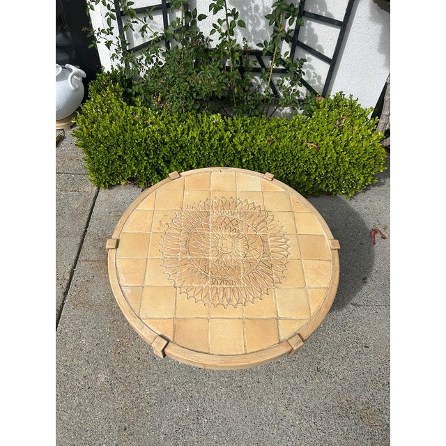 Vintage Round Carved Wood Coffee Table With Tiled Inlay Top For Sale In Los Angeles - Image 6 of 16