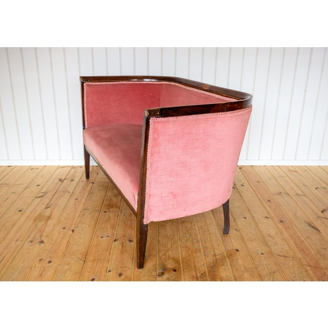 1910s Antique Art Nouveau Edwardian Mahogany Barrel Back 2-Seater Settee Sofa, 1910s For Sale - Image 5 of 18