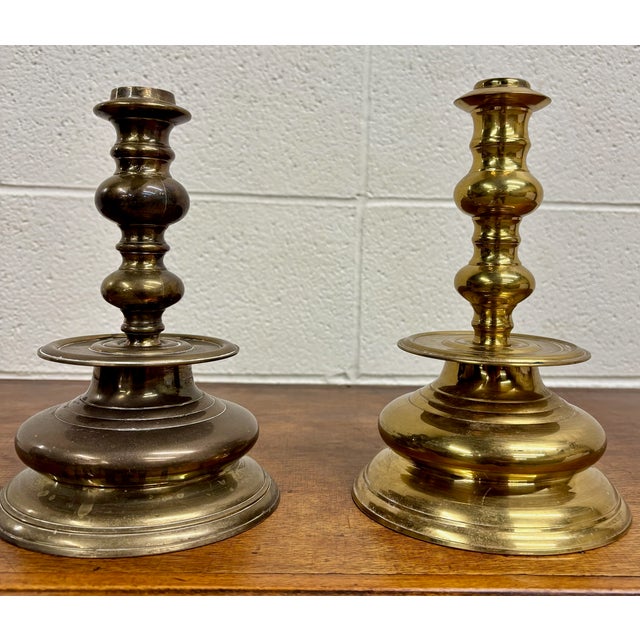 Late 20th Century Vintage Solid Brass Candlesticks Candle Holders With Drip Pans - Pair For Sale - Image 5 of 7