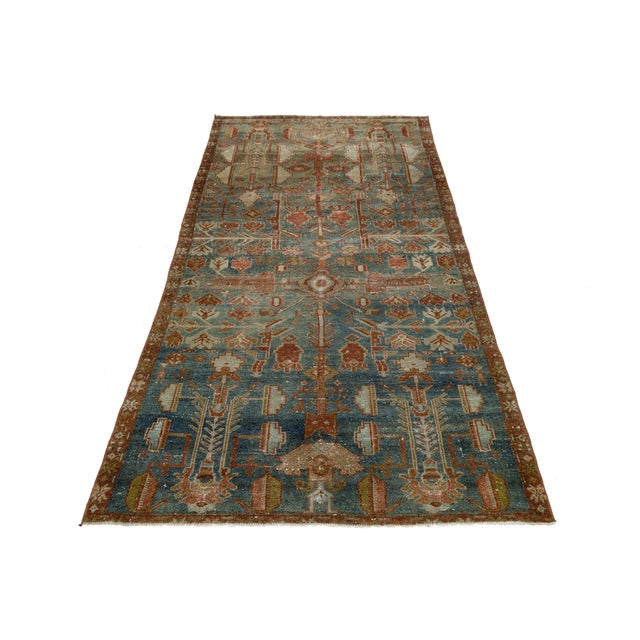 Mid-Century Modern Antique Malayer Hand-Knotted Wool Rug - Distressed Muted Slate Blue & Terracotta For Sale - Image 3 of 9