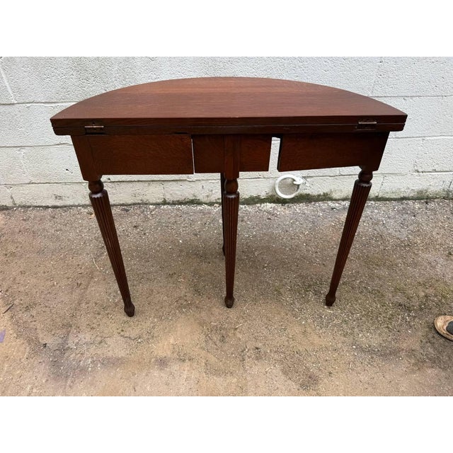 Early 20th Century Antique Half Moon Tiger Oak Demi Lune Single Drawer Console Table For Sale - Image 5 of 15