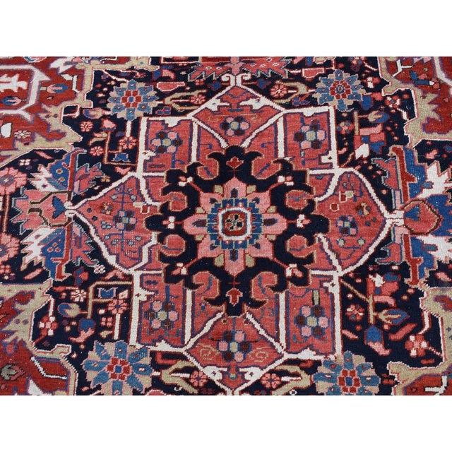 1930 Crimson Red Antique Persian Heriz Rosette Hand Knotted Pure Wool Clean Rug For Sale - Image 12 of 12
