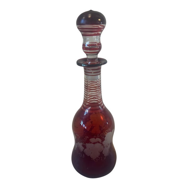 Antique Red Cranberry Glass & White Etched Grapes & Leaves Oil/Vinegar Cruet/ Bottle For Sale