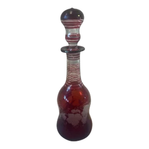 Antique Red Cranberry Glass & White Etched Grapes & Leaves Oil/Vinegar Cruet/ Bottle