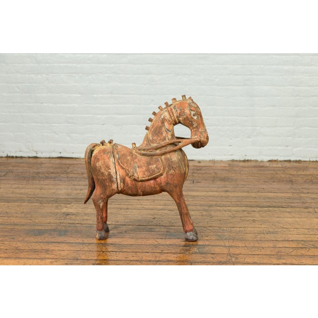 Mid 20th Century Small Vintage Indian Exterior Rust Colored and Carved Wooden Horse from Madras For Sale - Image 4 of 13