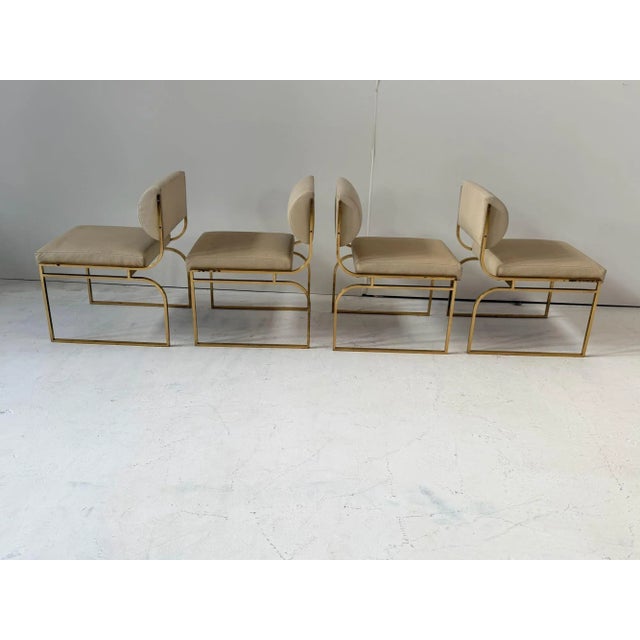 Set of 6 Brass and Vegan Leather Dining Chairs, 1980’s. Style of Milo Baughman. 2 Captain chairs and 4 side chairs....