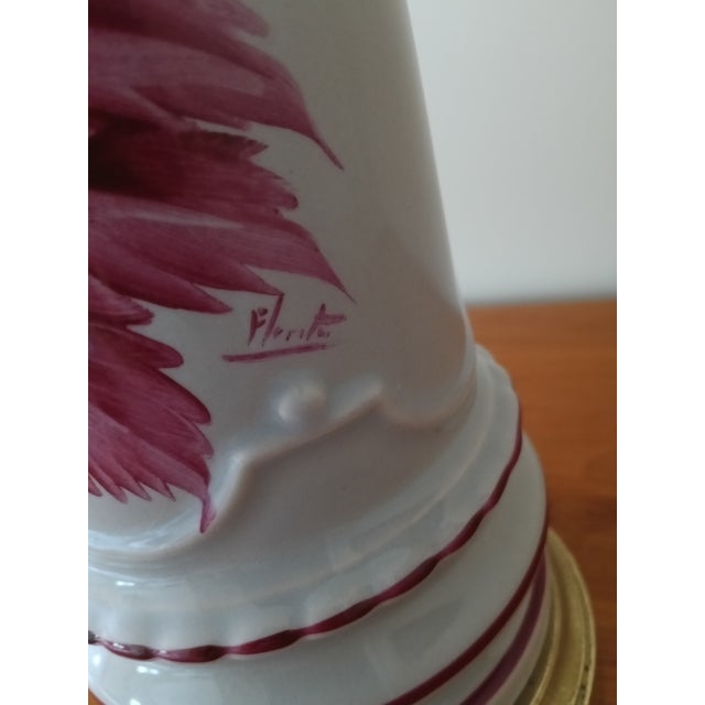 Signed Hand‑Painted Ceramic Floral Lamp With Brass Accents – Vintage Studio Art For Sale In Buffalo - Image 6 of 17
