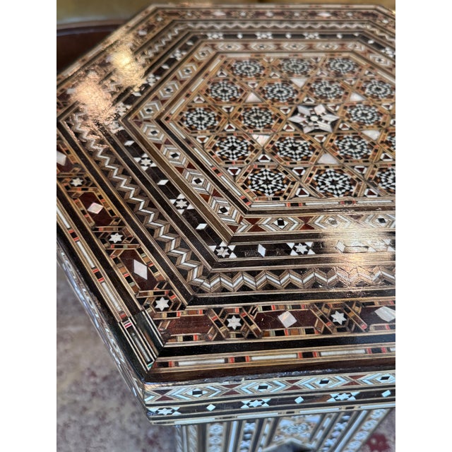 Tan Vintage Marquetry Wood Inlay With Mother-of-Pearl Hexagonal Side Table For Sale - Image 8 of 8