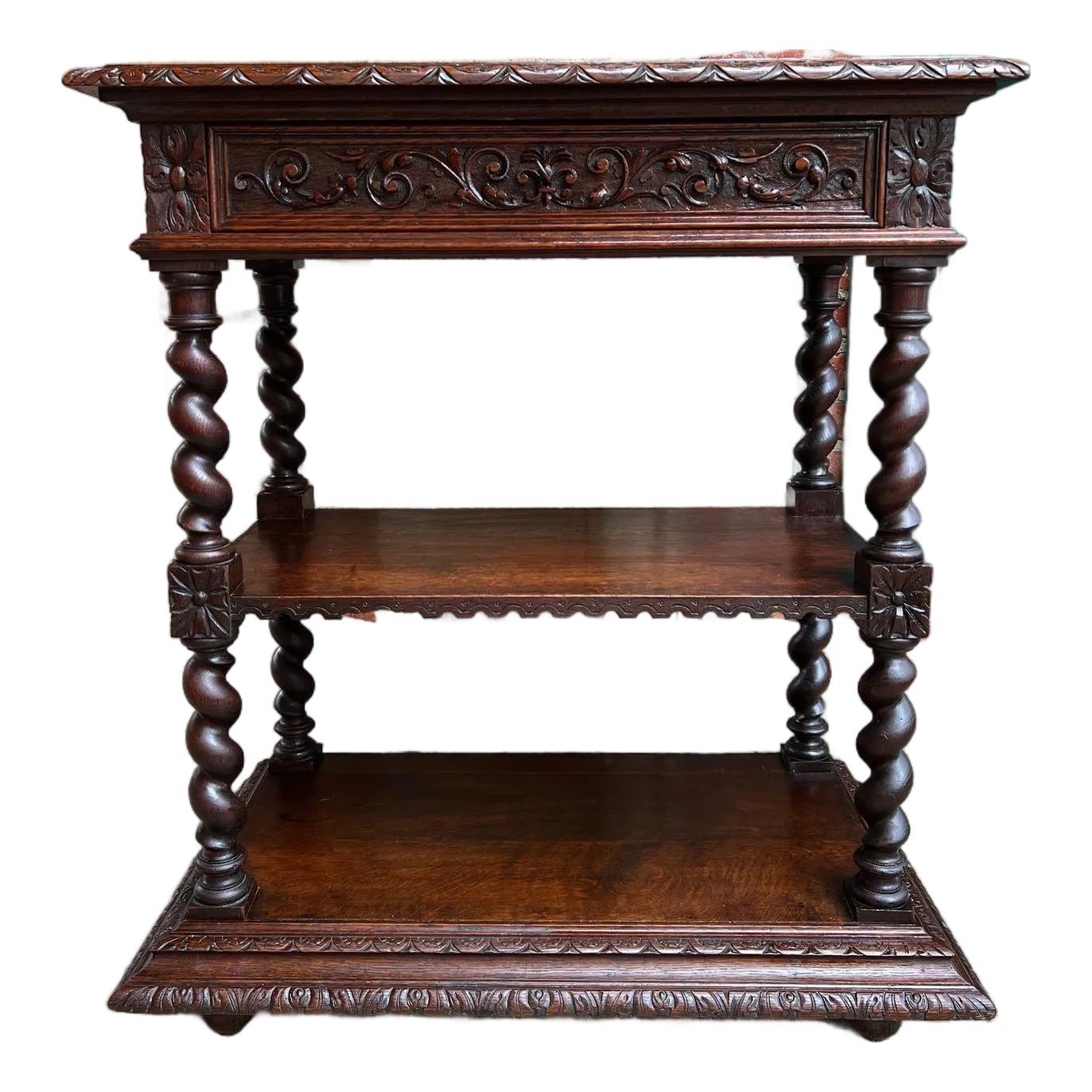 Antique English Server Console Table Jacobean Carved Oak Barley Twist ...