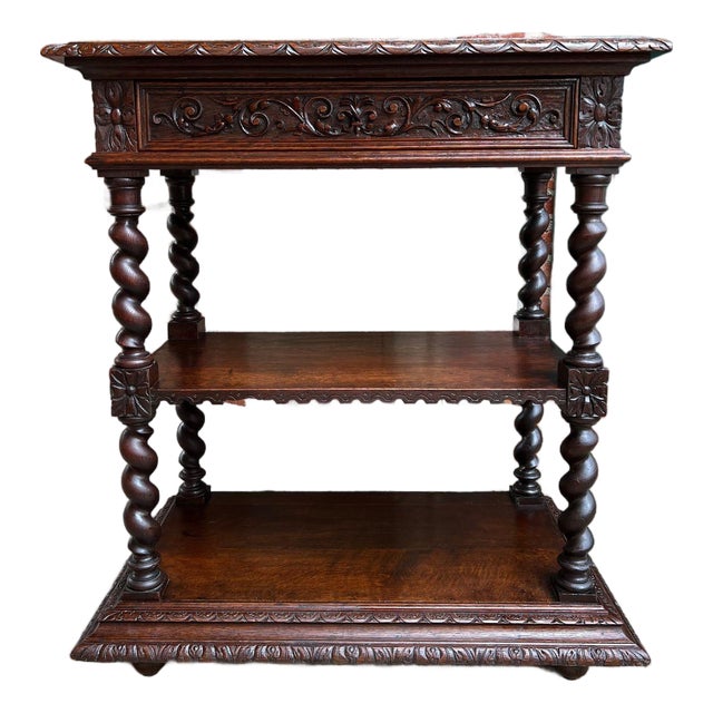 Antique English Server Console Table Jacobean Carved Oak Barley Twist C1900 For Sale