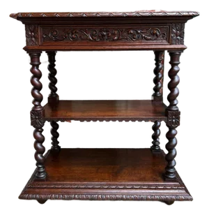 Antique English Server Console Table Jacobean Carved Oak Barley Twist C1900