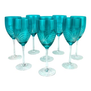 Late 20th Century Turquoise Engraved Wine Stems, Set of 8 For Sale