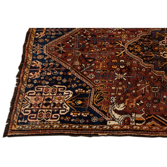 Vintage Shiraz Handmade Meadallion Motif Rust Wool Rug For Sale - Image 4 of 10