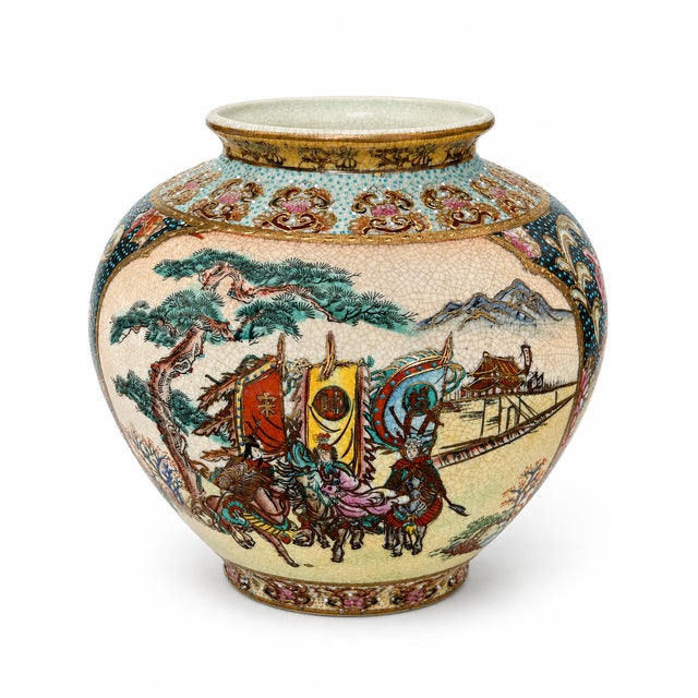 eautiful vintage Japanese Satsuma-style ceramic vase with an ornate rounded form and richly detailed hand-painted...