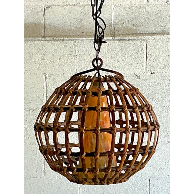 Vintage Boho Cage Rattan and Blown Glass Cone Chandelier For Sale - Image 4 of 7