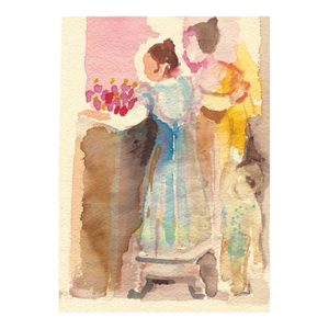 1950s Watercolor of Ladies and Child