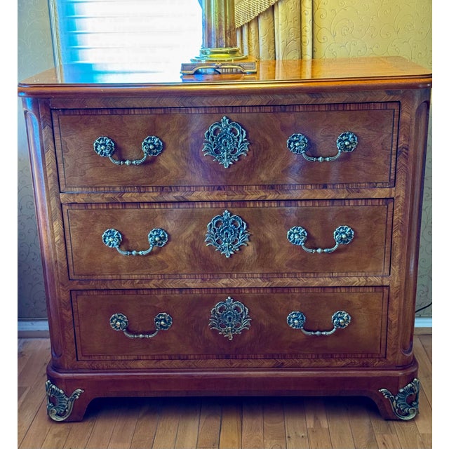 French Pair (2) Henredon Three Drawer Chests of Drawers-Nightstands Gorgeous Bookend Matched Wood For Sale - Image 3 of 12