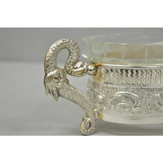 Vintage Italian Regency Silver Plated Dolphin Handle Glass Candy Dish Jardiniere For Sale In Philadelphia - Image 6 of 16