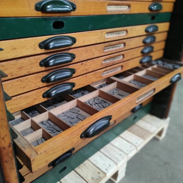 Wood Vintage Industrial Printers Cabinet For Sale - Image 7 of 8