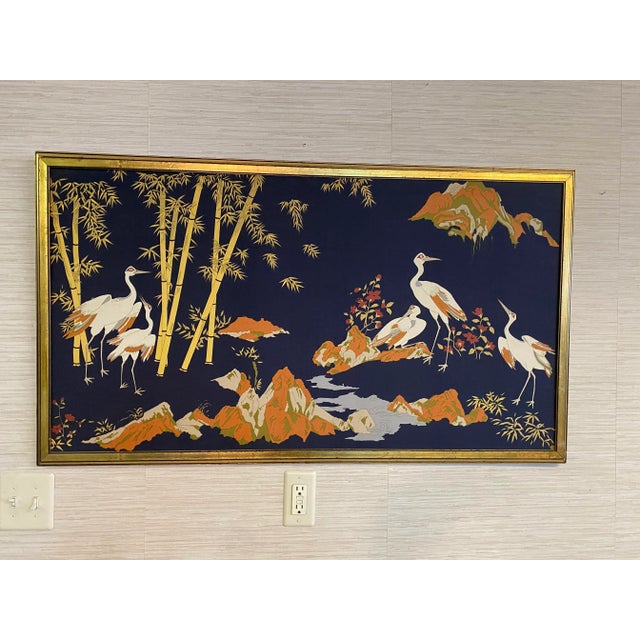 Navy Blue Vintage Mid 20th Century Framed Chinoiserie Silk Art For Sale - Image 8 of 10