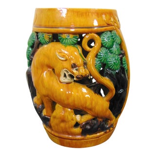 Chinese Majolica Style Foo Dog Garden Seat For Sale