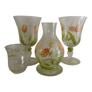 Princess House Cottage Tulip Carafe, 2 Goblets, and Votive Holder - Romania For Sale