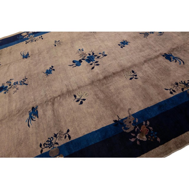 Art Deco Chinese Floral Designed Wool Rug Antique Handmade in Light Brown For Sale In New York - Image 6 of 10