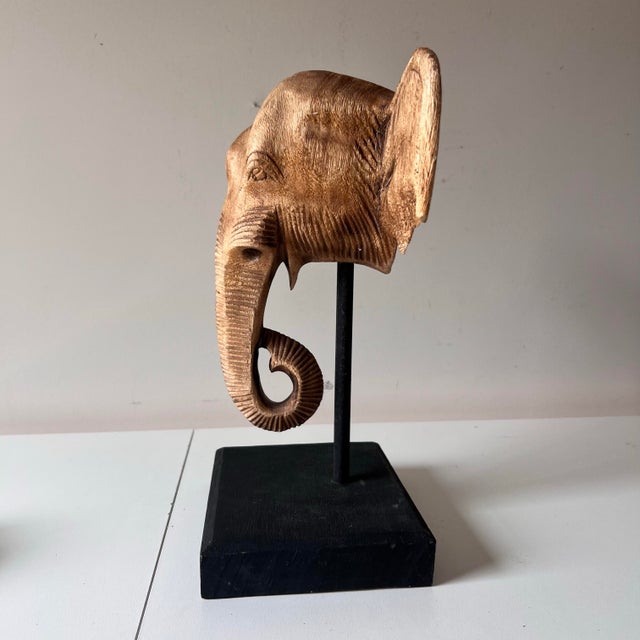 English Vintage Carved Wood Elephant Head on a Pedestal Decorative Accent For Sale - Image 3 of 7
