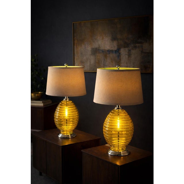 Vintage Citron Ribbed Glass Table Lamps With Chrome Bases & Green-Lined Shades - a Pair For Sale In Los Angeles - Image 6 of 6