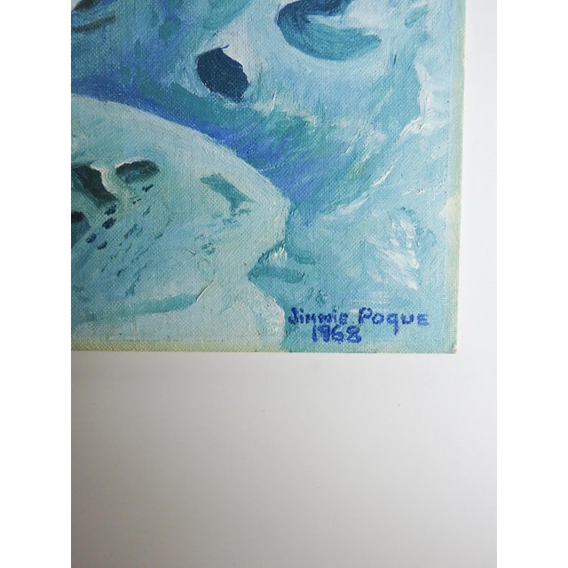 1968 oil on canvas board painting of an Albatross at sea. Signed Jimmie Poque dated 1968 lower right corner. This is a...