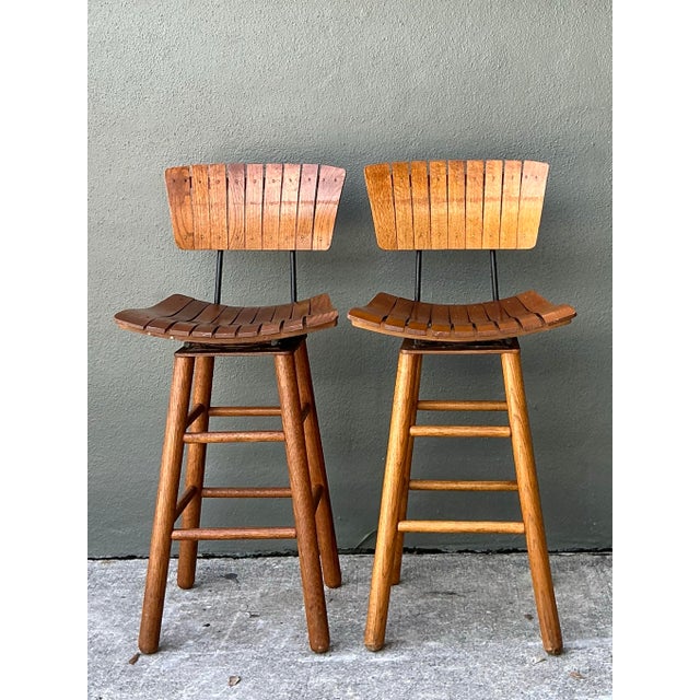 MCM Slat Back Bar Stools After Arthur Umanoff - Pair For Sale - Image 11 of 12