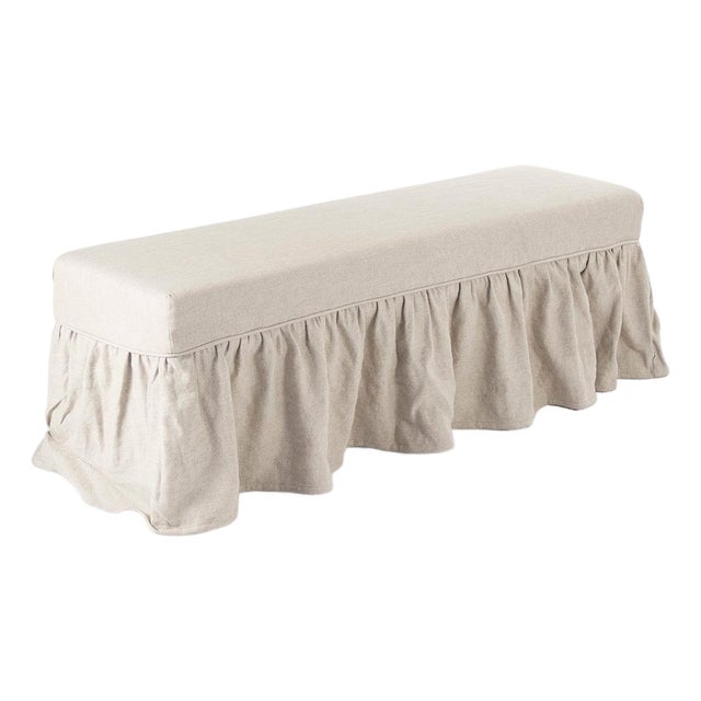 Elena Ruffle Slipcover Bench in Natural Linen For Sale