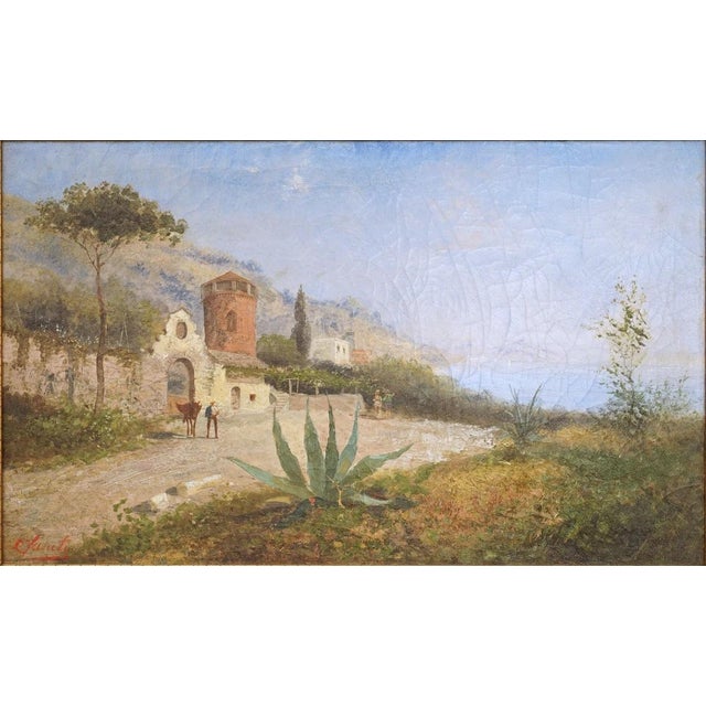 A charming antique oil on canvas capturing a classic view of the Bay of Naples. The composition beautifully combines...