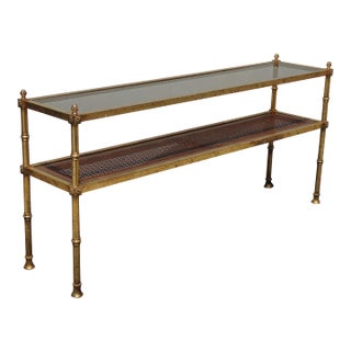 Vintage Hollywood Regency Gold Console Table Sofa Table W Cane Shelf For Sale