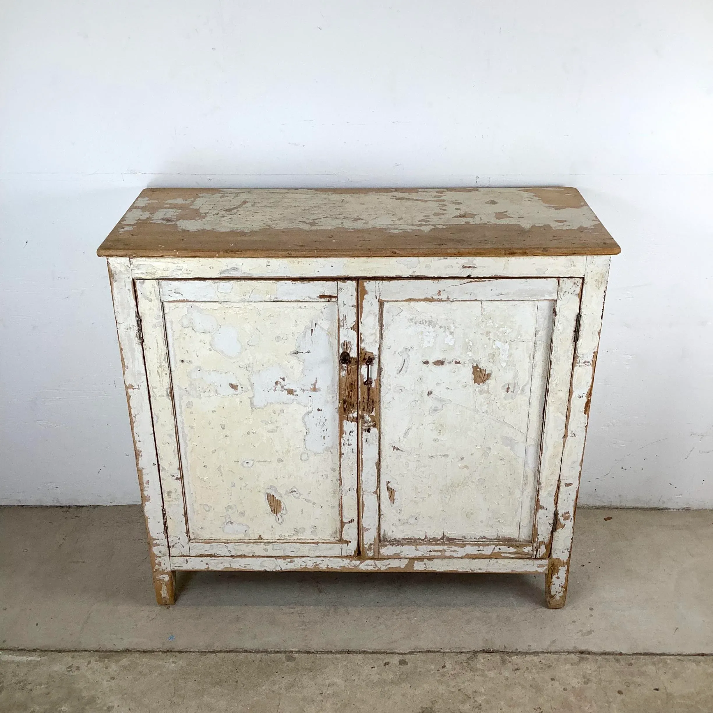 Vintage Rustic Two-Door Cabinet – Distressed White Patina, 20th
