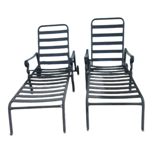 Vintage Woodard Style Green Metal Chaise Lounges - Set of 2