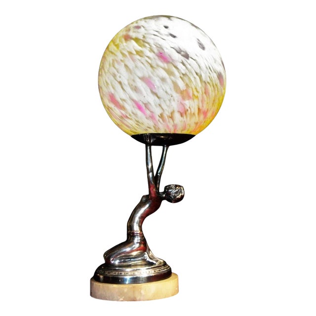 French Art Deco Chrome Figural Dancer Lamp with Opaline Glass Globe, 1930s For Sale