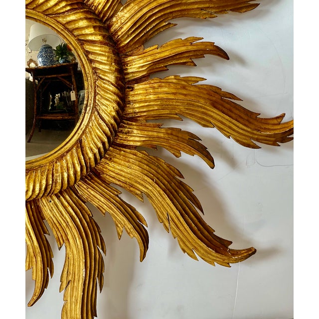 Wood French Hand-Carved Giltwood Sunburst Mirror, Hollywood Regency, 1940s For Sale - Image 7 of 16