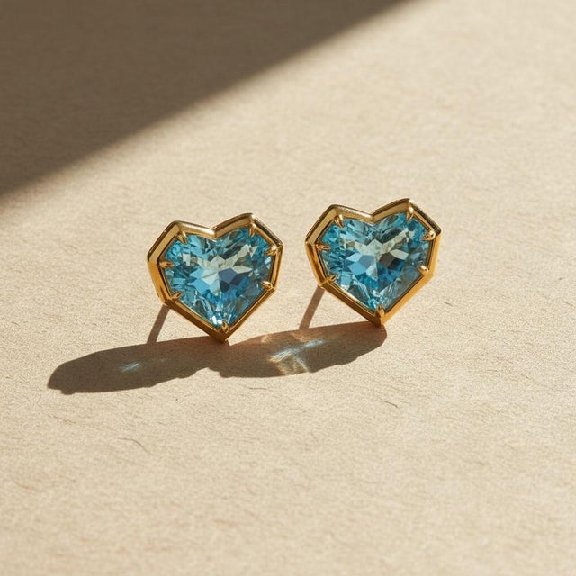 Geometric Heart Topaz Stud Earrings, Silver, Gold, Pair For Sale - Image 4 of 10